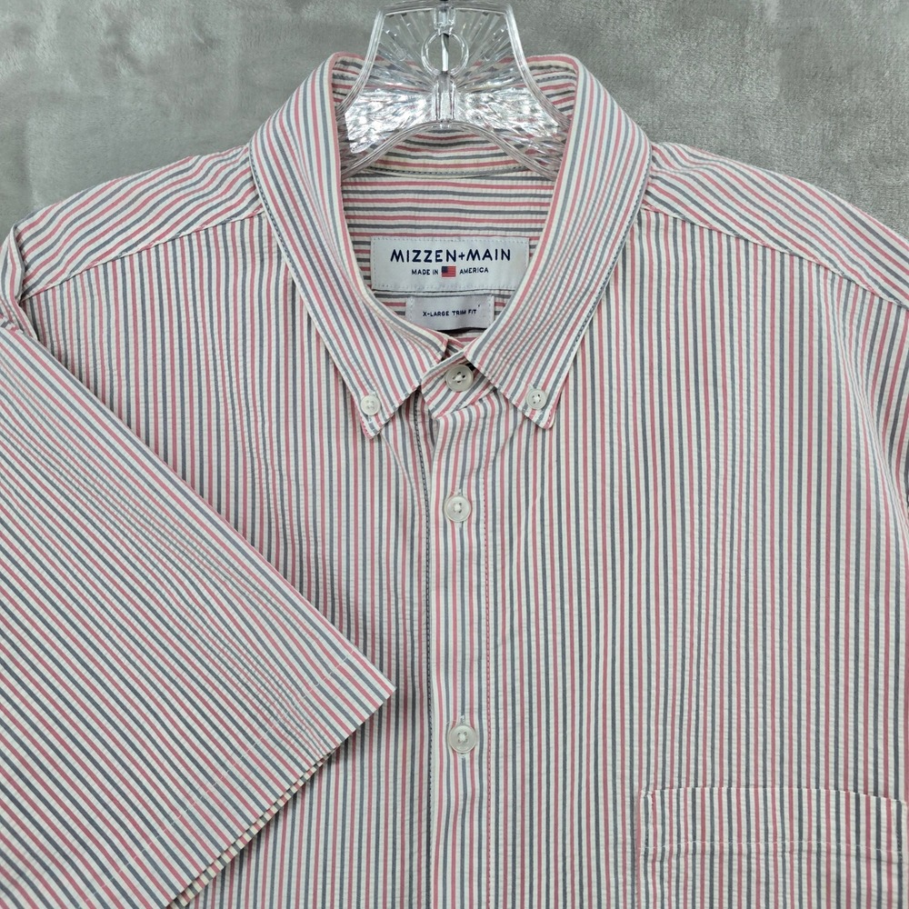 Mizzen+Main Shirt Mens XL Red White Blue Seersucker Stripe Short Sleeve Trim Fit